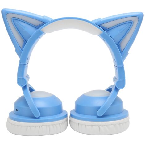 Écouteurs stéréo Bluetooth mignons en forme d'oreilles de chat, style enfant, microphone intégré haute sensibilité, lumière LED réglable, câble d'écouteurs de 3,5 mm, bleus. (1/5)
