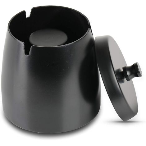 Grand cendrier d'extérieur en acier inoxydable noir avec couvercle anti-odeurs, pour une utilisation intérieure et extérieure sur le jardin, le balcon, le bar ou le bureau. (1/5)