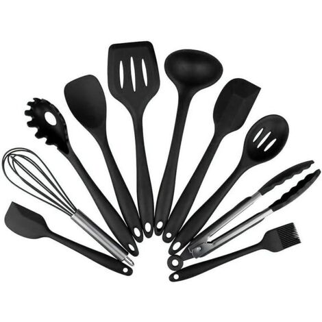Ensemble d'ustensiles de cuisine en silicone noir comprenant cuillères, spatules, pinces, écumoires, louches, fouet et pinces à pâtes. (1/5)