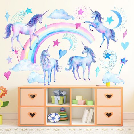 Stickers muraux Licorne Arc-en-ciel Lune Étoile Nuage Décoration pour chambre d'enfant et salon (1/4)
