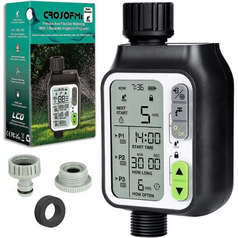 Programmateur d'arrosage avec commande manuelle et automatique, capteur de pluie, conception étanche et 3 programmes d'irrigation (1/5)