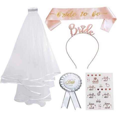 Ensemble écharpe « Future mariée » pour enterrement de vie de jeune fille : comprend une écharpe, un bandeau, un badge rosette et des tatouages éphémères pour la décoration de la fête prénuptiale. (1/5)