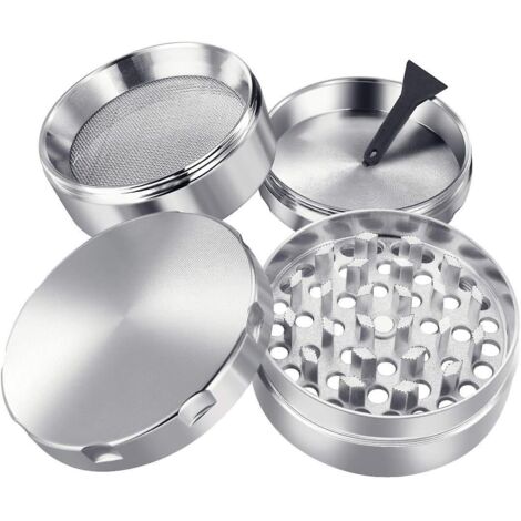 Broyeur à épices, tabac et herbes 4 pièces en alliage de zinc durable avec récupérateur de pollen - Dents argentées en forme de diamant (1/4)