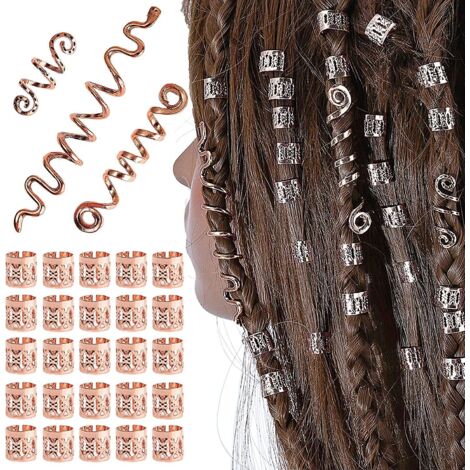 Lot de 28 bijoux de cheveux en or rose, style viking, spirales ajustables pour cheveux et barbe, perles tubulaires en métal pour dreadlocks et cheveux vikings (hommes). (1/5)