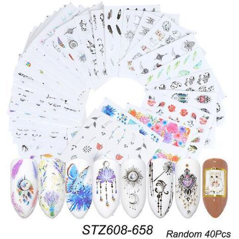 40 modèles de stickers à ongles à transfert d'eau auto-adhésifs avec des motifs 3D de fleurs, d'animaux et de feuilles pour une manucure DIY (1/5)