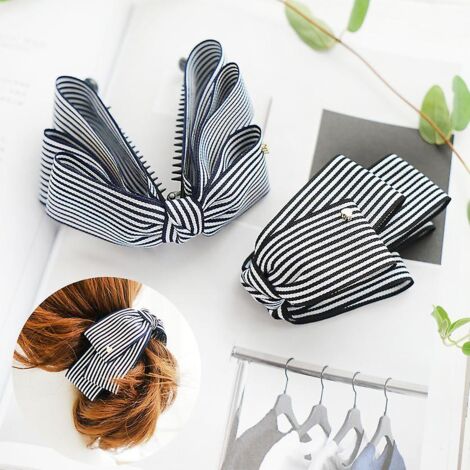 Ensemble de pinces à cheveux banane à plusieurs niveaux en ruban de tissu rayé japonais, noir et bleu foncé. (1/5)