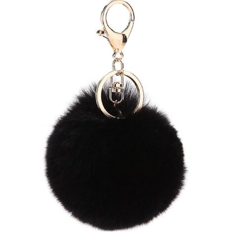 Porte-clés pompon en véritables poils de lapin doux au toucher (noir) (1/5)