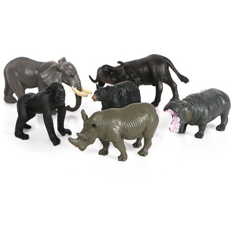Ensemble de 6 figurines d'animaux sauvages en PVC simulant un éléphant d'Afrique - Rhinocéros, buffle, ours noir, gorille, hippopotame (objets de décoration) (1/5)