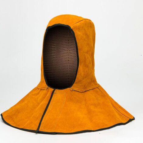 Cagoule de soudage en cuir fendu de vachette avec protection pour le cou et les épaules, offrant une protection optimale de la tête et une résistance à la chaleur. (1/5)