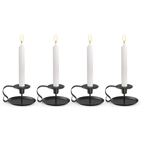 Ensemble de 4 bougeoirs vintage en fer forgé - Bougeoirs en fer noir avec poignée et plateau - Décoration de table rétro pour la Saint-Valentin (1/5)