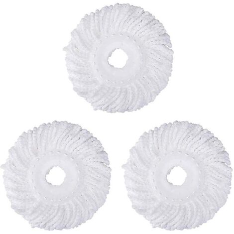 Lot de 3 têtes de rechange rondes en microfibre pour balai à franges, rotation à 360°, nettoyage des sols (16 cm de diamètre), blanches (1/4)