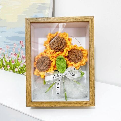 Cadre photo en bois, tournesol au crochet, fleur tricotée, décoration artisanale, fournitures créatives. (1/4)