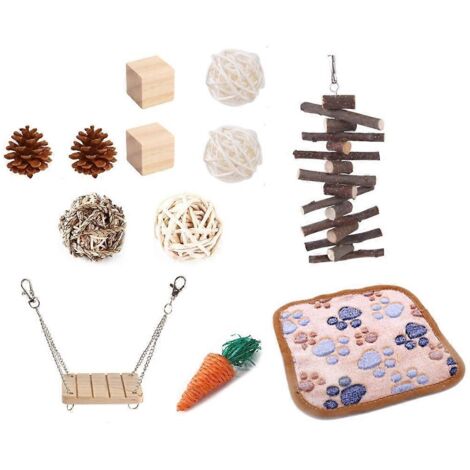 Voici une proposition de titre produit en français (moins de 190 caractères) :
Lot de 12 jouets à mordre pour lapin, hamster, cochon d'Inde - Accessoires suspendus pour cage, balançoire et grignotage (1/4)