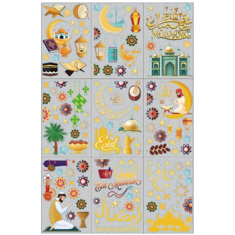 Voici une proposition de titre en français (190 caractères maximum) :
Lot de 9 stickers Eid Moubarak PVC sans colle : lune, étoile, château – déco adhésive pour porte, vitre, fenêtre – Idée cadeau DI (1/4)