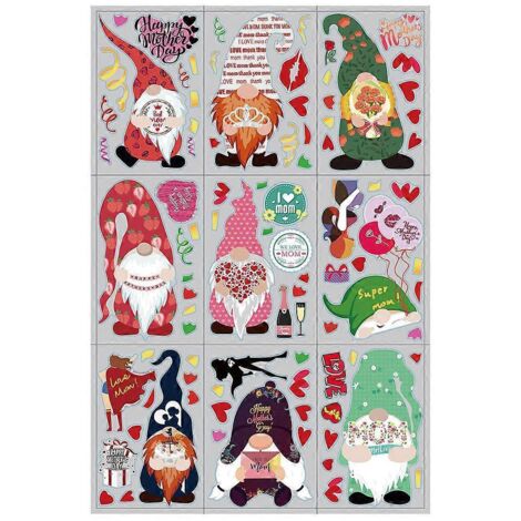 Voici une proposition de titre en français (moins de 190 caractères) :
9 feuilles autocollants statiques Gnome Nain Fête des Mères, déco porte mur fenêtre, stickers muraux joyeux anniversaire maman. (1/4)