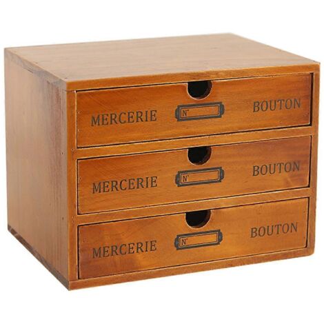 Coffret de rangement en bois vintage 3 tiroirs, organiseur de bureau rétro, boîte à bijoux et cosmétiques, étagère rustique pour décoration intérieure. (1/4)