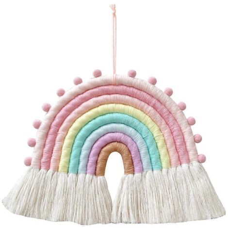 Tenture murale en macramé arc-en-ciel tissé avec glands, décoration bohème pour chambre bébé et nursery. (1/4)