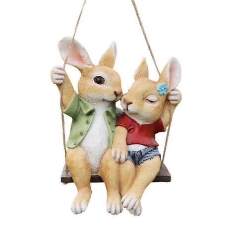 Statue de jardin en résine, lapin suspendu sur balançoire, figurine décorative pour extérieur, sculpture ornementale de lapin. (1/4)