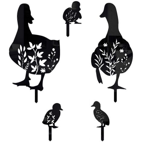 Lot de 5 piquets acryliques silhouette canard noir pour décoration de jardin, art animalier extérieur, ornement de pelouse. (1/4)
