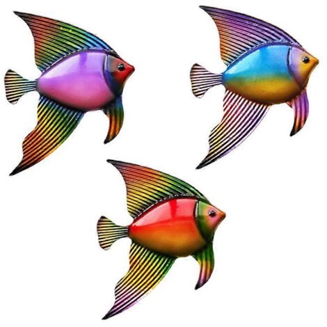 Décoration murale 3 pièces poissons tropicaux en métal, sculptures de poissons-anges en fer forgé coloré, ornement suspendu pour jardin et vie marine. (1/4)