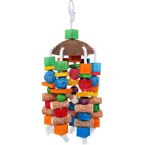 Perchoir jouet perroquet bois blocs maïs corde coton décoration cage suspendue. (1/4)