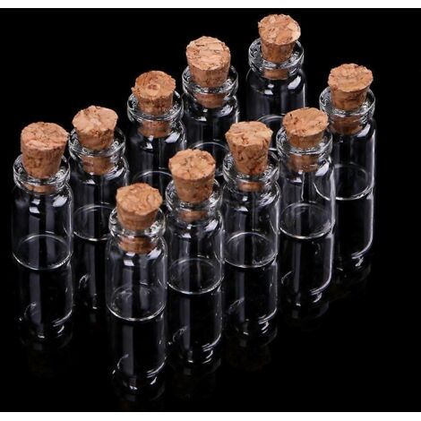Lot de 10 mini flacons en verre avec bouchon liège, pendentif de rangement 0.5/1/2 ml, idéal pour wish bottle, décoration DIY, bijoux porte-bonheur, petit contenant pour perles ou épices. (1/4)