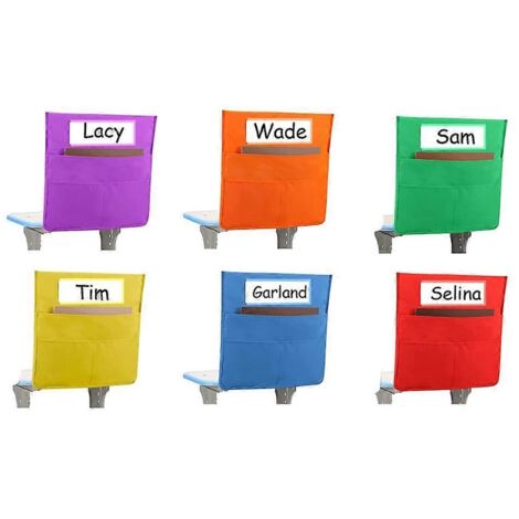 Lot de 6 pochettes pour chaises, organisateur de classe maternelle avec pochette latérale, rangement pour fournitures scolaires et jouets. (1/4)
