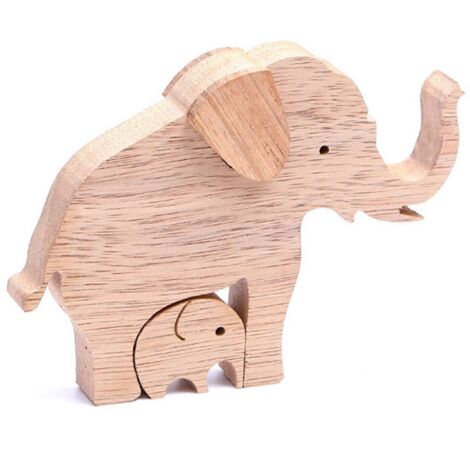 Éléphant mère et enfant sculpture en bois, décoration de table familiale, ornement artisanal naturel. (1/4)