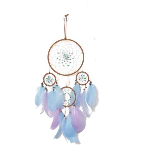 Attrape-rêves à 4 anneaux, filet circulaire tressé avec perles, plumes colorées et pompons, carillon à vent indien, décoration murale suspendue pour chambre, ornement bohème. (1/4)