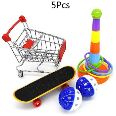 Jouets éducatifs pour animaux : mini caddie de shopping, anneaux d'entraînement, skateboard et perchoir pour perroquets et oiseaux. (1/4)