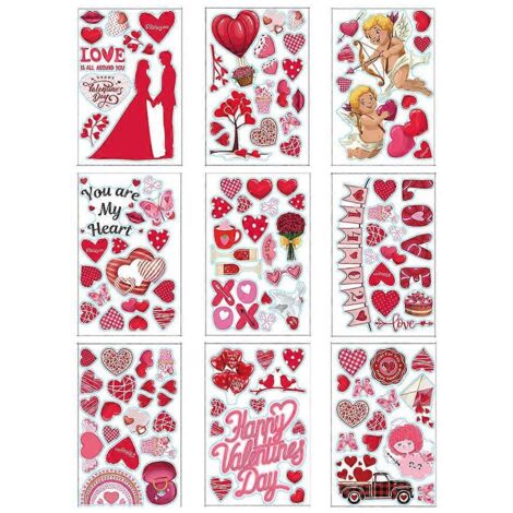 9 stickers décoratifs fenêtre Saint-Valentin, 9 feuilles autocollants amour cœur DIY, décoration mariage, vitrophanie love heart, adhésifs muraux festifs. (1/4)