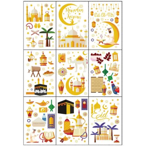 9pcs autocollants Ramadan pour fenêtres, décoration Eid Mubarak Kareem, stickers muraux islamiques, décalcomanies murales musulmanes, déco festive. (1/4)