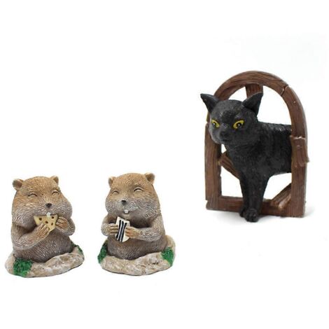 Chaton noir simulation avec statue de jardin Gopher, décoration mignonne et pastorale, ornement cartoon pour extérieur. (1/4)