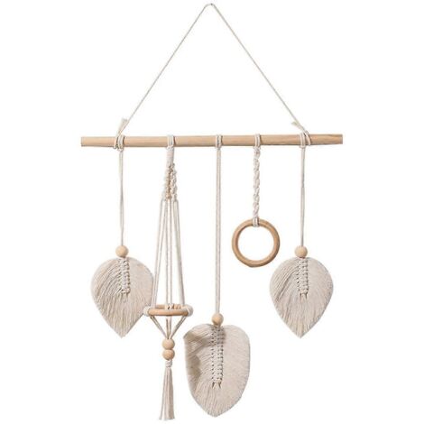 Tenture murale artisanale en macramé avec plumes et feuilles, pompons bohèmes, porte-plante suspendu aérien en bois, décoration murale ethnique pour salon, chambre ou appartement. (1/4)
