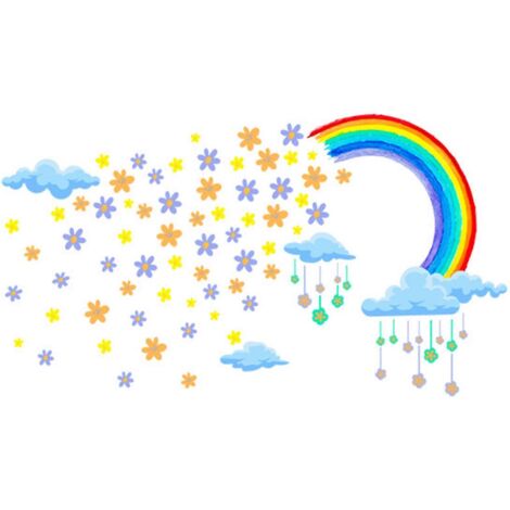 Arc-en-ciel nuage fleur sticker mural, décalcomanie colorée, décoration murale pour chambre enfant, chambre à coucher, crèche, fournitures déco maison. (1/4)