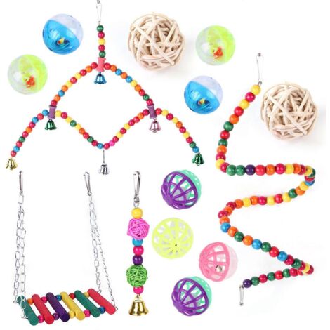 Jouets pour oiseaux 14 pièces : balançoire, échelle, perchoir, décoration colorée pour cage. (1/4)
