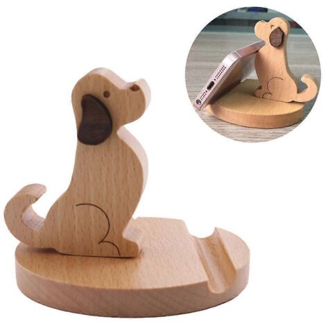 Mignon support téléphone chiot en bois, porte-smartphone portable, ornement chien décoratif, idéal pour bureau et maison. (1/4)
