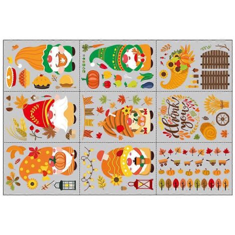 9 autocollants vitre automne automne gnome citrouille déco murale statique Thanksgiving, feuilles décoratives pour fenêtre maison. (1/4)