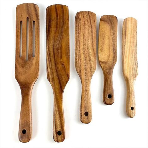 Lot de 5 spatules en bois de teck pour cuisson antiadhésive, ustensiles de cuisine pour salade et mélange (1/4)