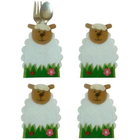 4x Housse de couverts mouton en non-tissé pour Pâques, étui à couteaux et fourchettes (1/4)