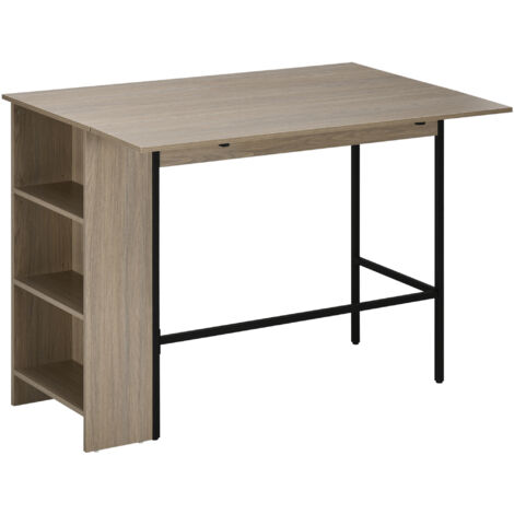 Table de bar îlot central avec plateau latéral rabattable, 3 étagères, 120 x 76 x 91,4 cm, gris clair, meuble de cuisine pratique et gain de place.