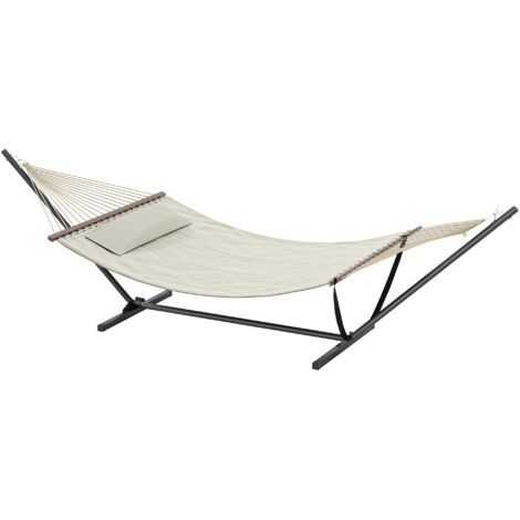 Hamac sur pied avec support acier robuste, barres d'écartement incluses, oreiller amovible, dimensions 368x140x110 cm, couleur crème, idéal jardin ou intérieur.