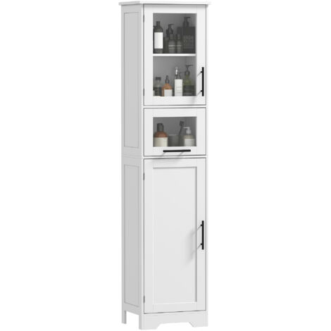 Meuble colonne salle de bain blanc 40x31x170 cm, rangement avec tiroir, 2 portes et étagère réglable, meuble de toilette haut, armoire étroite à poser, mobilier salle d'eau fonctionnel.