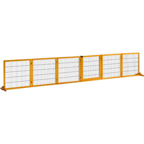 Barrière de sécurité pliable 6 panneaux pour chien, 432x36x70 cm jaune, avec pieds amovibles, barrière extensible idéale pour escaliers, couloirs et portes.