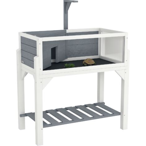 Terrarium tortue terrestre sur pieds, maison 2 zones avec toit ouvrant et zone interactive, 84,5 x 47,5 x 90 cm, gris, enclos pour reptile terrestre, habitat tortue avec accès facile.