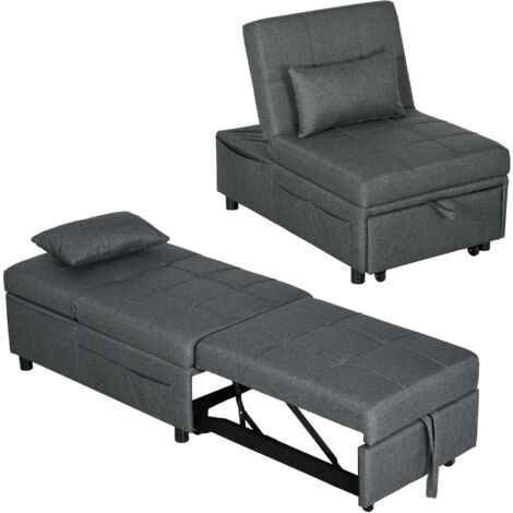 Fauteuil convertible 1 place lit réglable, siège rembourré confortable avec oreiller gris, meuble transformable pour petit espace.