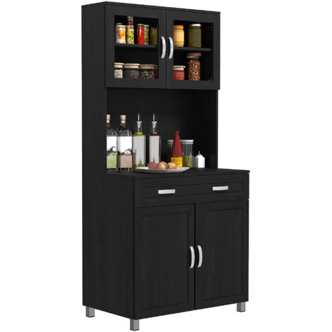 Buffet haut cuisine 4 portes noir 80x48x170 cm, armoire de cuisine avec tiroir, plan de travail et étagères réglables, rangement spacieux pour vaisselle, design moderne.