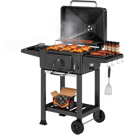 Barbecue à charbon sur chariot, gril de jardin XXL avec couvercle, bac à charbon et évents réglables, 112 cm, noir – idéal pour cuissons en plein air.