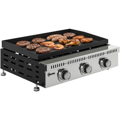 Plancha gaz inox 9 kW, 3 brûleurs puissants, surface cuisson 56,5 x 33 cm, noir, bac récupération graisse, pour barbecue extérieur, cuisson uniforme.