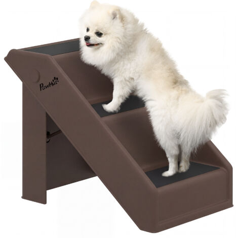 Escalier pliant 3 marches pour chien, antidérapant, en plastique marron 50x30,5x36,5 cm, rampe pour animaux, marchepied escamotable pour petit chien, accessoire confort et sécurité.